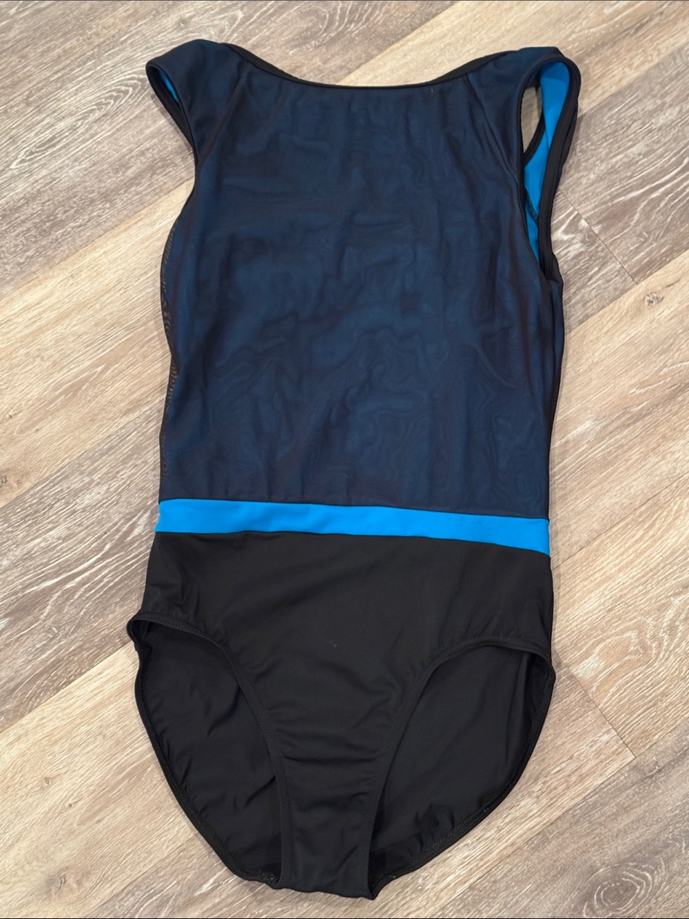balera Black One-Piece Leotard with Bright Blue Waistband and blue illusion